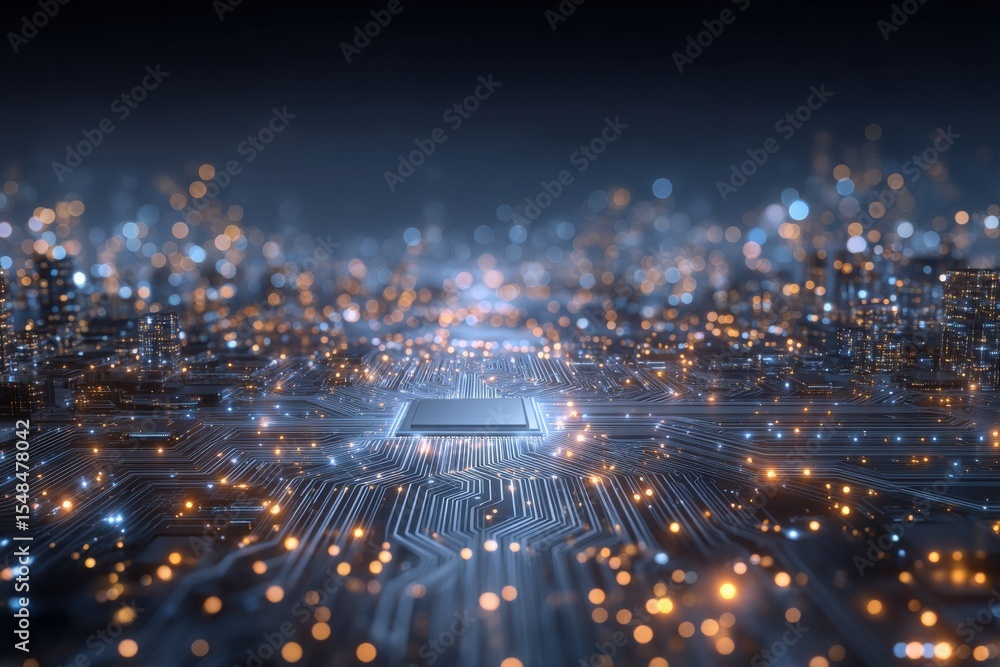 A vivid close-up of a circuit board showcasing intricate patterns and glowing lights. The scene features a blend of technology and illumination, creating a mesmerizing landscape.