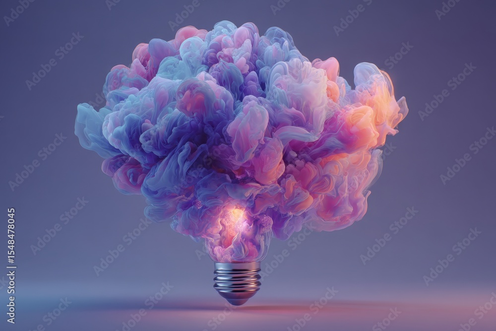 Vibrant clouds of smoke in shades of pink, purple, and blue emanate from a light bulb. The background is softly lit, enhancing the dreamy atmosphere of creativity and innovation.