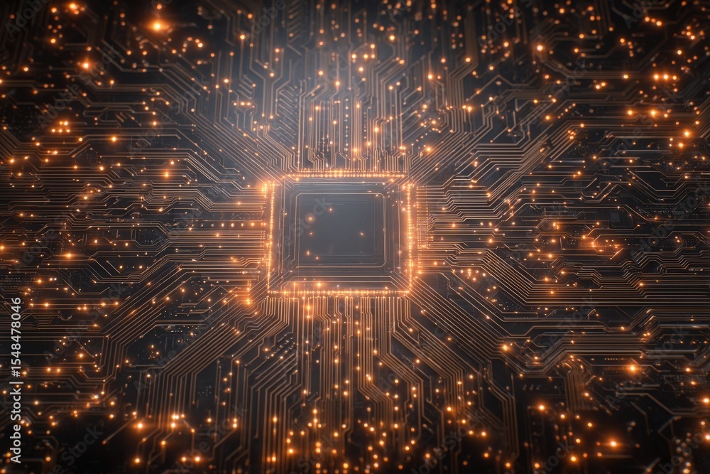 A close-up view showcases a computer circuit board featuring a central processor surrounded by glowing connections. The intricate lines and shimmering lights highlight modern technologys complexity.
