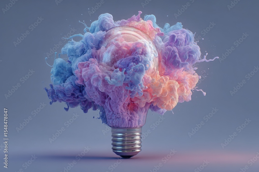 A light bulb surrounded by vibrant pink and blue smoke creates a captivating visual effect. The colors blend beautifully, showcasing creativity and innovation in a surreal manner.