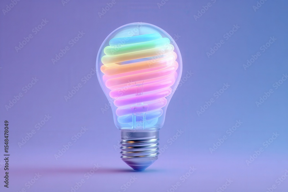 A vibrant, spiral-shaped light bulb emits a soft glow with pastel colors. It stands on a smooth surface, surrounded by a calming pastel gradient backdrop, creating a modern and artistic effect.