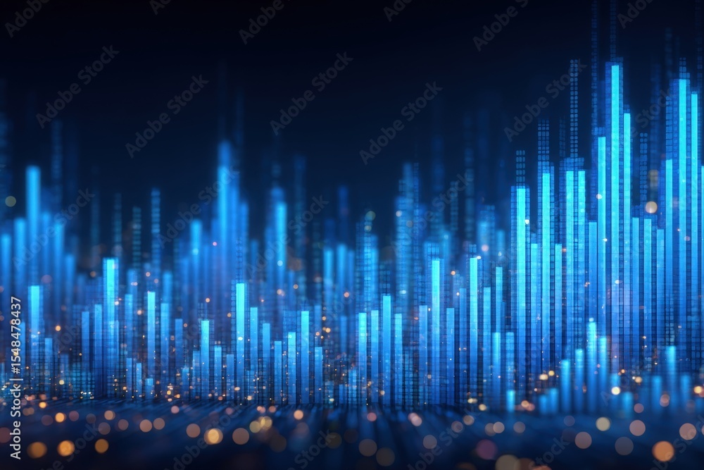 This vibrant display features a series of blue vertical bars symbolizing audio frequencies. The background blends dark tones with warm bokeh lights, creating a dynamic digital ambiance.