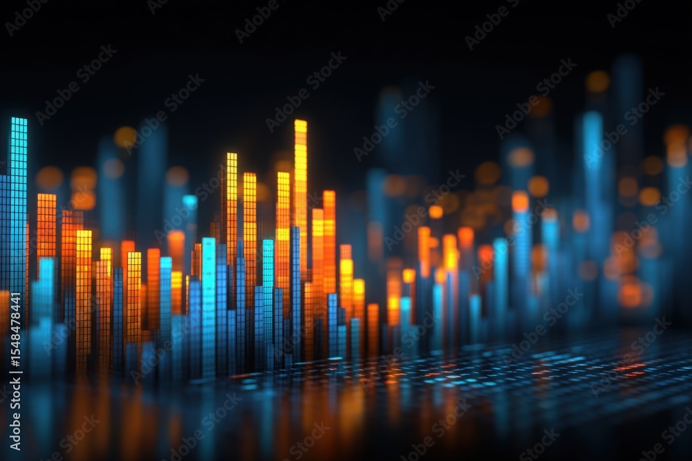 Colorful bars in shades of blue and orange rise and fall, depicting a vibrant data visualization. The arrangement creates a sense of dynamic activity and complex information representation.