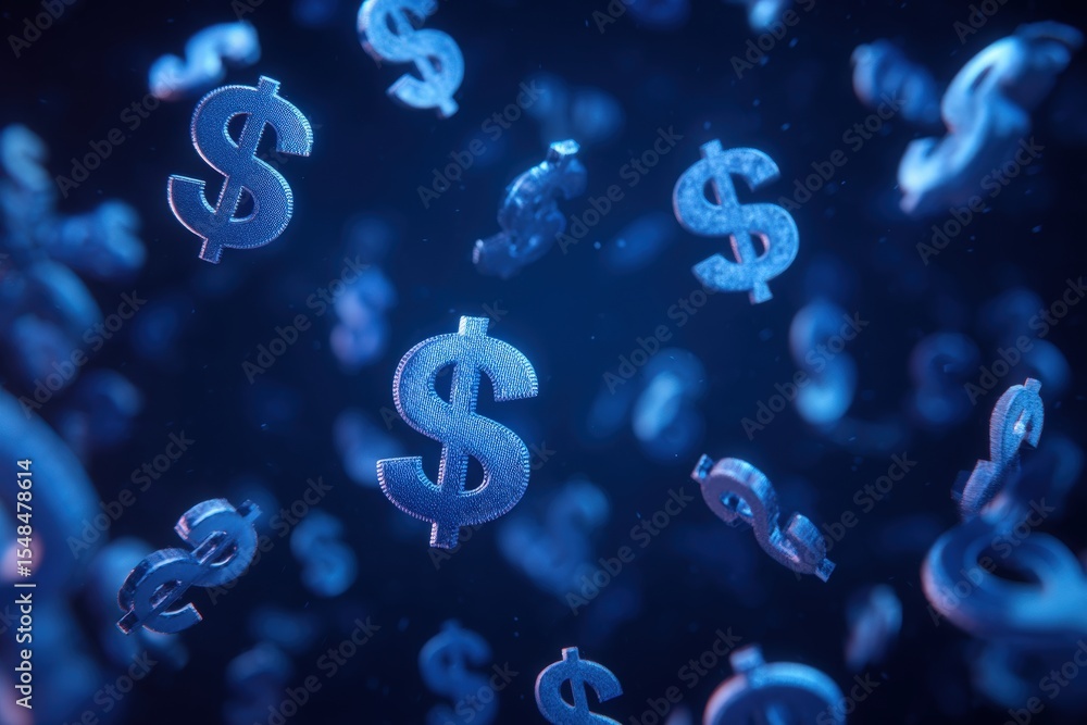 Dollar signs drift through a blue digital environment, symbolizing economic growth and financial transactions. The bright metallic signs emphasize themes of prosperity and capitalism.