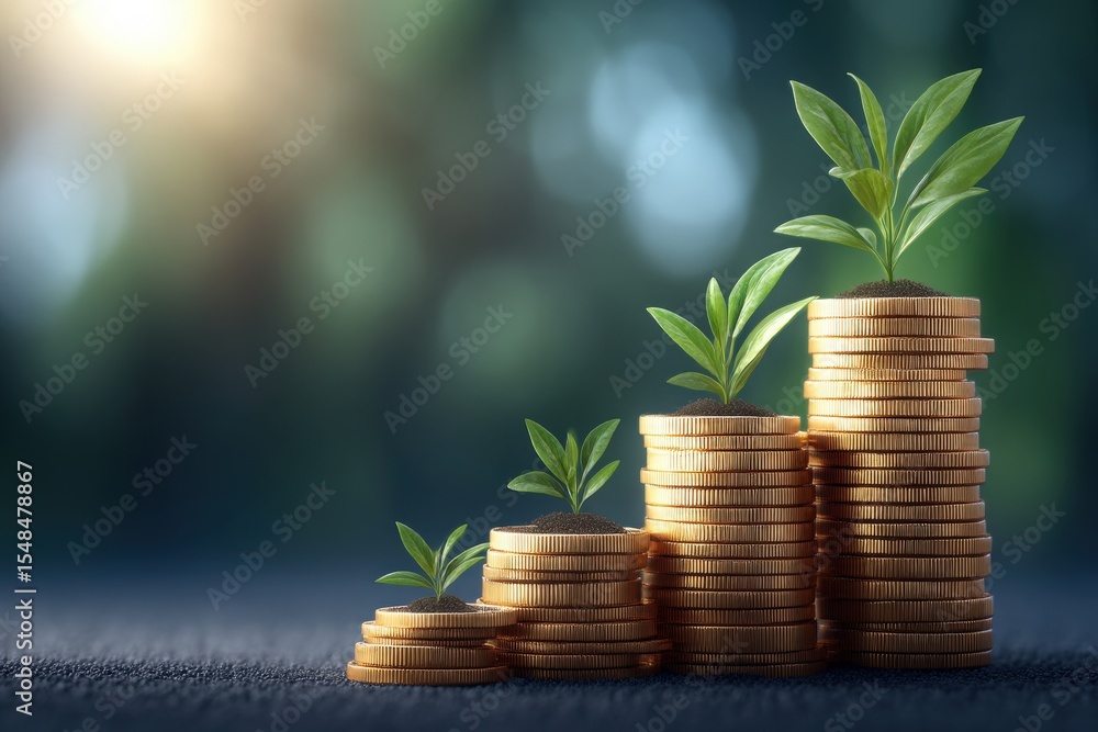 Stacks of gold coins arranged in ascending order showcase young green plants growing from the top, symbolizing financial growth and sustainable investment.