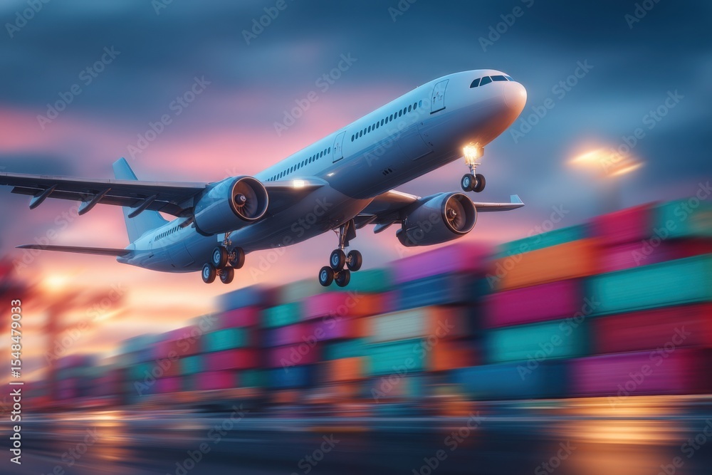 An airplane ascends into the evening sky, leaving a trail of light. Below, vibrant shipping containers create a stark industrial backdrop against the dusky hues of sunset.