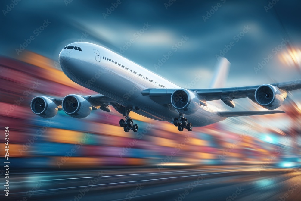 A large airplane approaches a bustling shipping port just before sunset, surrounded by colorful cargo containers. The sky is cloudy, creating a dramatic backdrop as the aircraft flies low.
