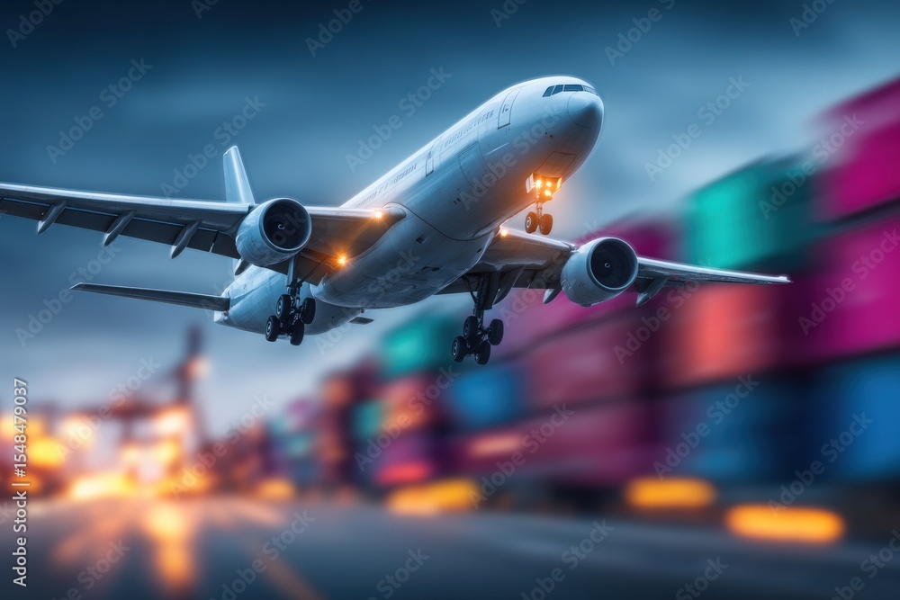 A commercial airplane ascends into the sky, illuminated by its landing lights, against a backdrop of colorful shipping containers.