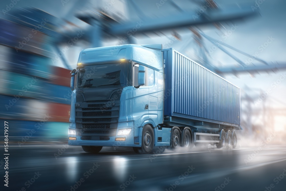A heavy blue truck drives through a busy shipping port, hauling a large container. Rain streaks the scene, adding a dynamic feel as cranes and containers surround the area.