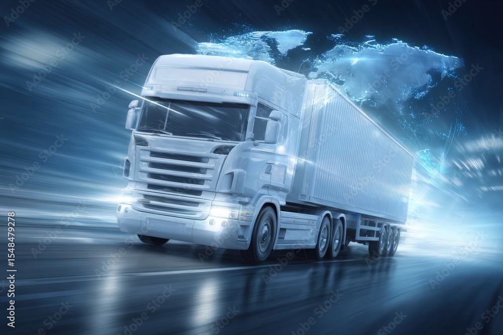 A delivery truck is captured moving rapidly along a road illuminated by neon lights. The background features a futuristic city skyline. The scene conveys speed and efficiency.