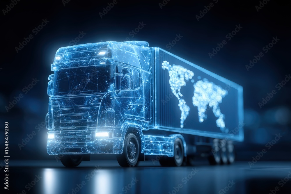 A detailed depiction of a modern freight truck rendered in a digital style, showcasing glowing lines and a world map on its container.