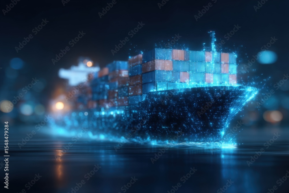 A cargo ship glides through a bustling port at night, surrounded by sparkling blue lights reflecting off the water.