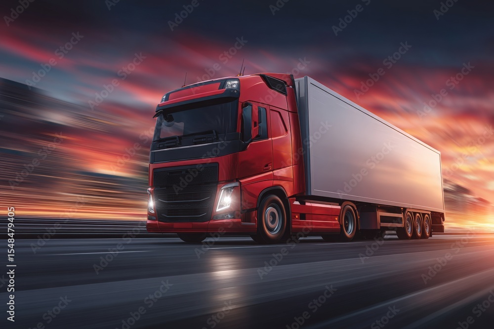 A striking red truck speeds along a highway at sunset, with vibrant colors of orange and purple in the sky. The motion blur emphasizes the speed of the vehicle, creating a dynamic scene.