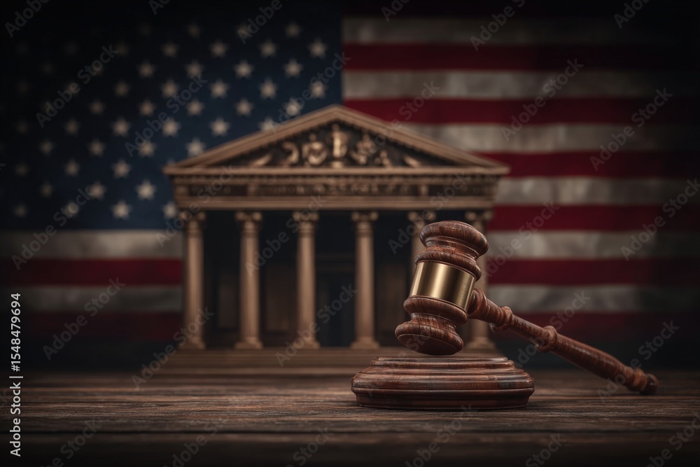 A gavel is placed on a wooden surface in front of a backdrop featuring the American flag and a classic courthouse structure. The setting conveys themes of justice and law.