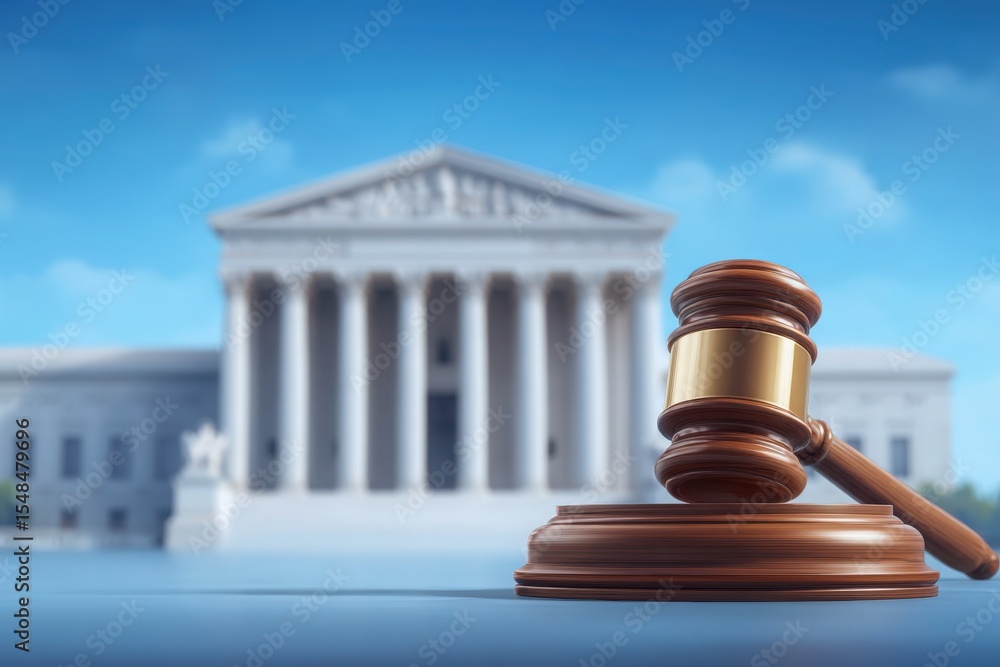 A wooden gavel rests prominently in the foreground with a large court building in the background. The scene captures a clear, bright day, symbolizing justice and law in action.