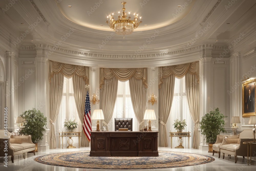 An opulent office features a large wooden desk surrounded by stylish chairs and elegant lighting. The walls are adorned with drapes and fine artwork, while potted plants add a touch of greenery.