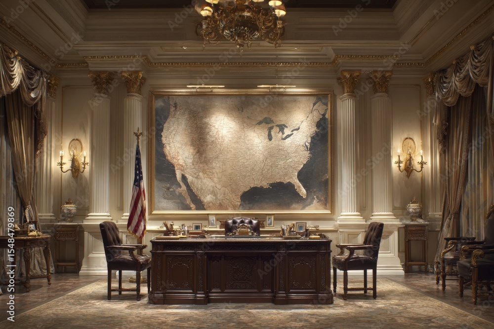An ornate office features an impressive map of the United States as the focal point.