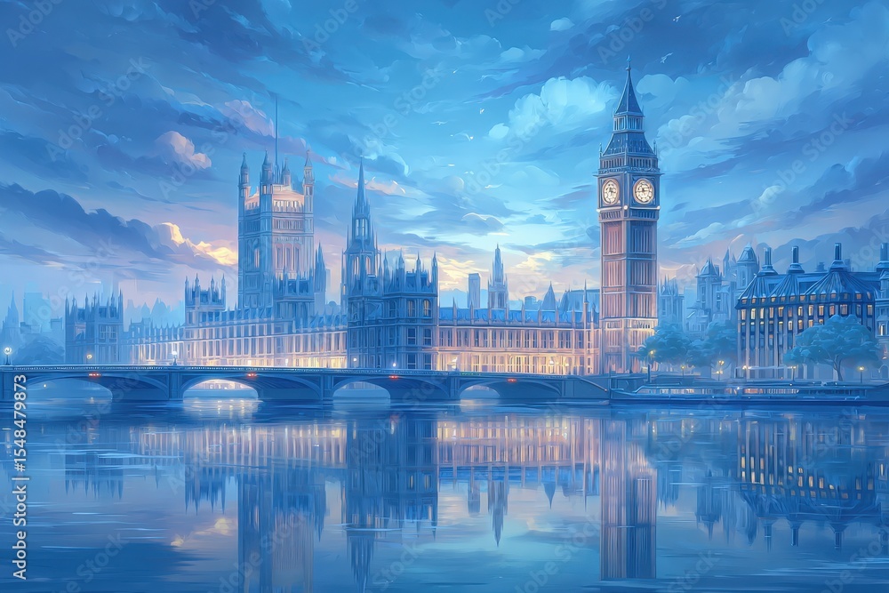 A tranquil twilight view of Londons iconic skyline featuring Big Ben and the Houses of Parliament. Soft blue tones illuminate the sky and water, creating a serene atmosphere.