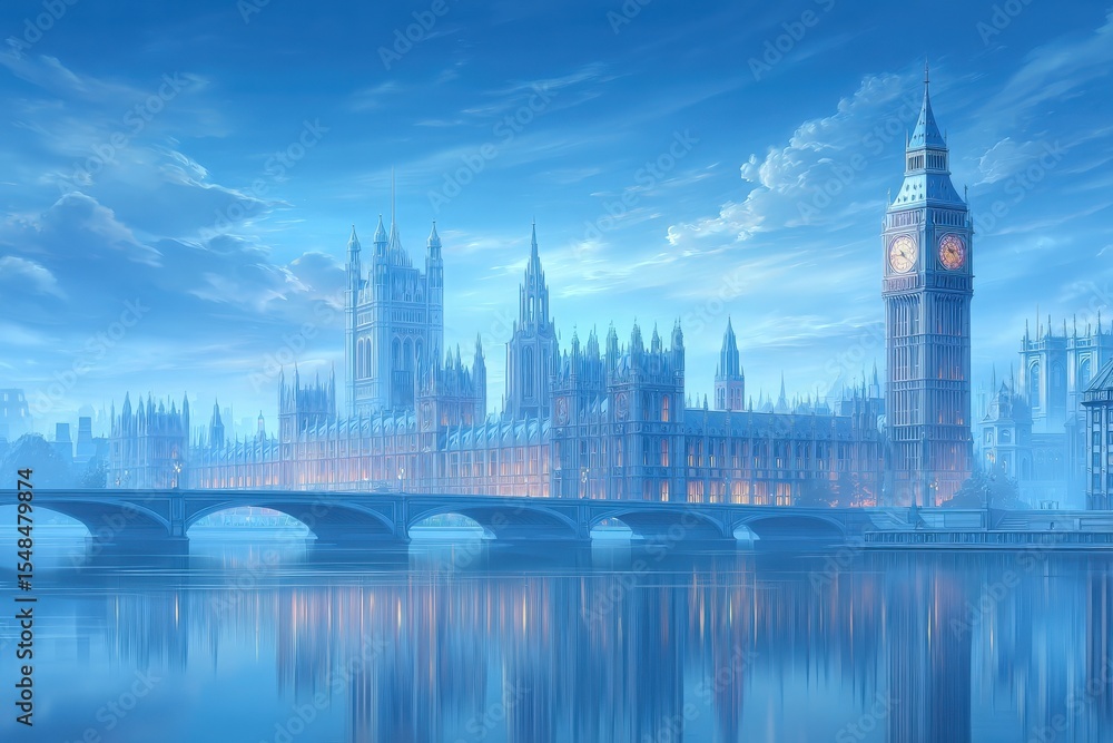 The skyline showcases Westminster with its iconic clock tower and gothic architecture bathed in soft evening light. The Thames River reflects the stunning scenery, creating a serene atmosphere.
