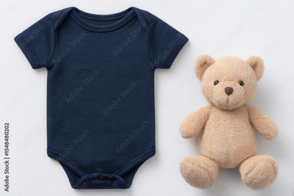 A navy blue baby onesie is placed next to a light brown teddy bear on a clean, neutral surface. The ensemble creates a cozy and inviting atmosphere, perfect for infants.