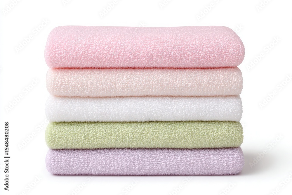 A neat stack of five soft towels in pastel colors sits flat. The towels include pink, white, green, and lavender, offering a fresh and calming look, perfect for any bathroom or spa setting.