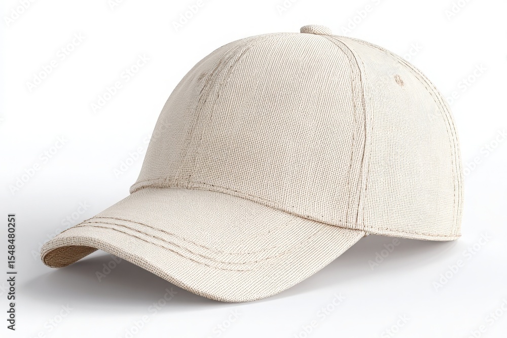 A cream colored baseball cap is showcased on a smooth surface. The cap features a curved brim and detailed stitching, emphasizing its casual style. Ideal for outdoor activities or everyday wear.