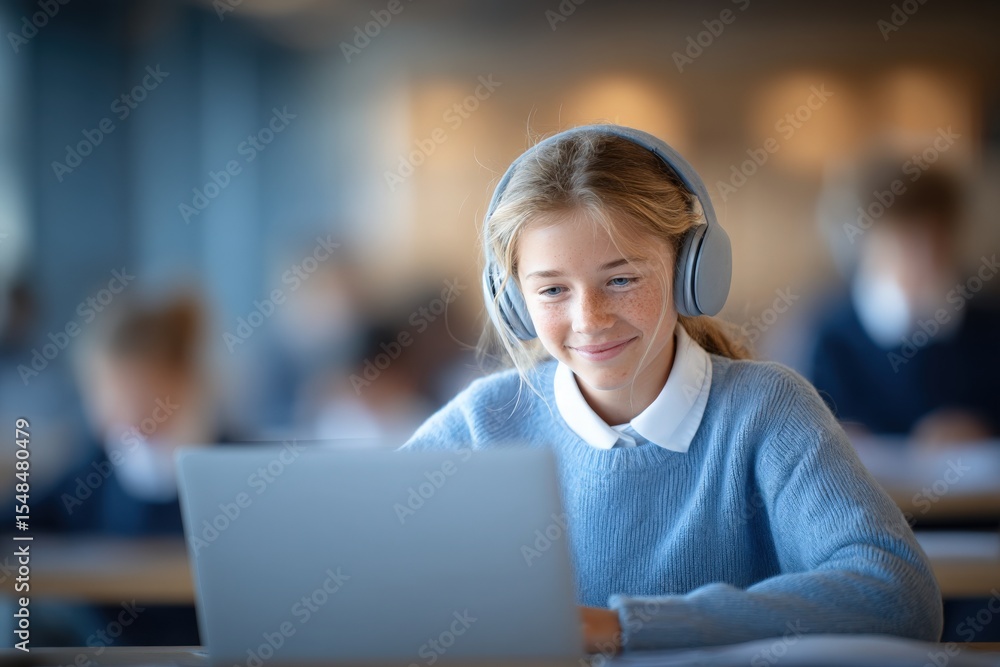 A student with headphones smiles while using a laptop in a classroom setting. Other students can be seen in the background, focusing on their devices. The atmosphere is conducive to learning.