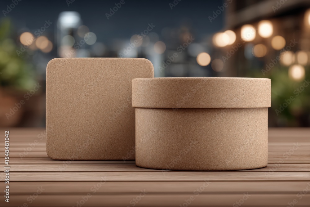 Two minimalist cardboard boxes, one cylindrical and one square, rest on a wooden table. The background features a softly lit city skyline at night, creating a serene atmosphere.