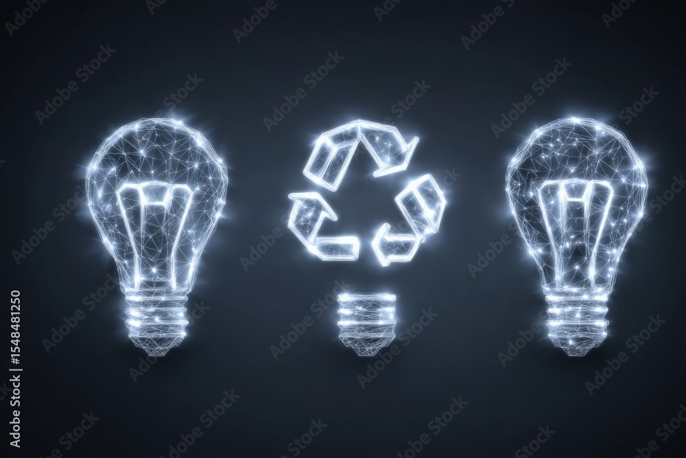 Three glowing light bulbs and a recycling symbol illustrate the connection between sustainable energy and environmental conservation. This visual promotes eco-friendly practices amid technology.