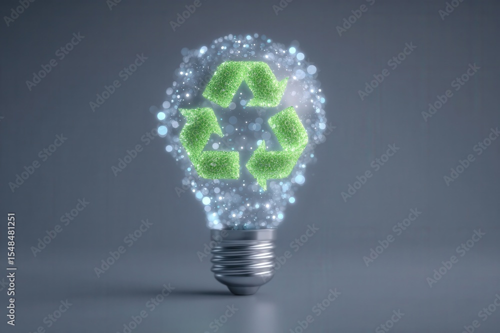 A light bulb with a glowing recycling symbol made of vibrant green particles is displayed against a dark background, highlighting the importance of sustainability and energy conservation.