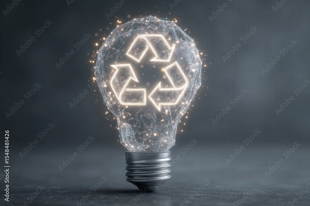 This concept features a glowing light bulb prominently displaying a recycling symbol, representing sustainability and innovative energy solutions in a contemporary art setting.