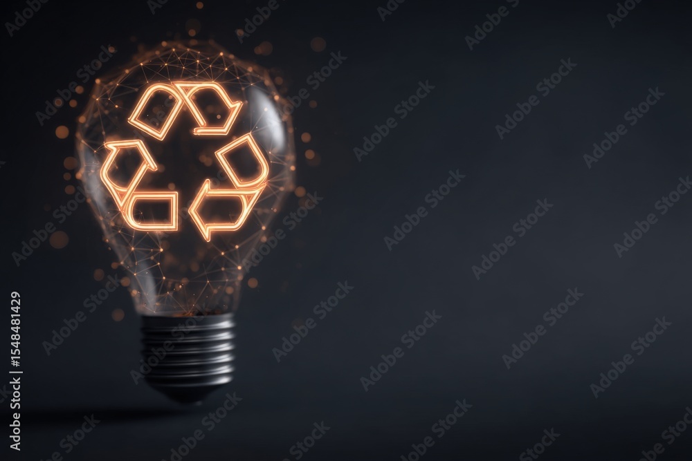 A light bulb features a glowing recycling symbol, emphasizing sustainability and innovation. The minimalist design highlights the importance of eco-friendly practices in modern society.