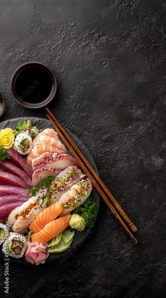 A beautifully arranged platter showcases an assortment of sushi and sashimi, featuring vibrant colors and textures.