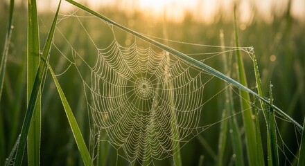 Spiderweb nature background with spider web dew drops morning light grass field close up macro detail
