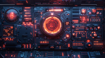 Futuristic control panel with glowing red and orange lights, intricate design, and various displays.