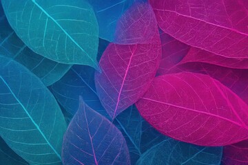 Macro background of colorful skeleton leaves in blue turquoise and pink Artistic texture of nature