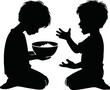 © Avra - Silhouette of a hungry child sitting on the ground holding an empty bowl, head slightly bowed, thin and fragile figure, sad posture, isolated on white background, vector style