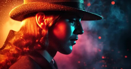 Wall Mural - man in hat, profile view, colorful smoke and sparks.