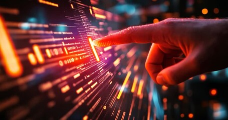 Wall Mural - finger interacts with glowing digital data stream, close-up.