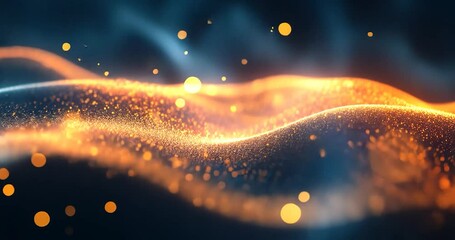 Wall Mural - Glowing particles forming abstract waves, dark background.