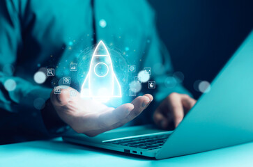 businessman and rocket start flying up and network line connection. startup concept planning and sta