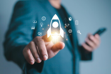 businessman and rocket start flying up and network line connection. startup concept planning and sta
