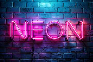 Wall Mural - Pink neon sign glowing on brick wall creating vibrant illuminated effect