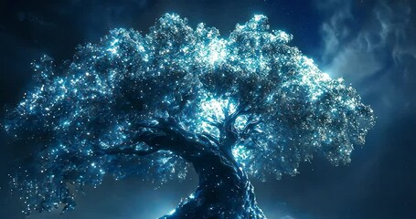 Wall Mural - glowing blue tree at night, magical fantasy scene.