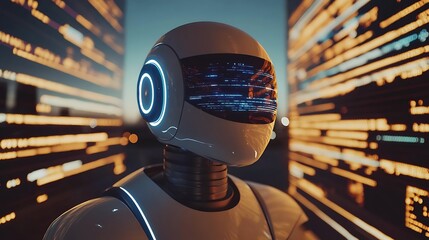 An android robot displays a screen surrounded by illuminated code streaks
