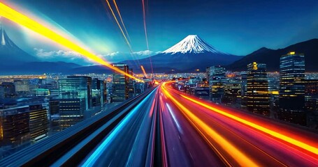 Wall Mural - night city highway streaks towards majestic snow-capped mountain under vibrant sky.