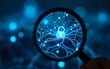 © cui - Cybersecurity Magnifying Glass: Unveiling Digital Threats. A close-up shot of a magnifying glass revealing intricate, glowing blue neural network connections. High quality