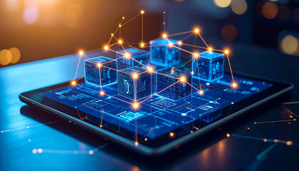 digital blueprint of innovation: futuristic tech concept, showcasing a digital interface and interco