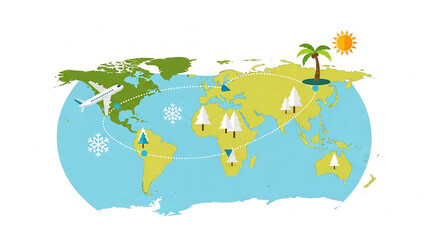  World map illustration depicting travel, showcasing destinations and seasonal weather patterns with white isolated background