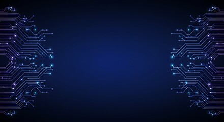 Abstract digital circuit board design with glowing blue lines on dark background.